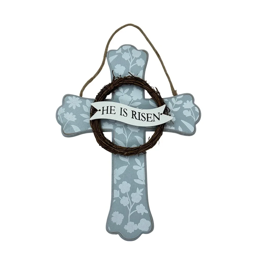 Kirklands Home He Is Risen Floral Wall Cross Blue Wood Wreath Easter Decor 14.5